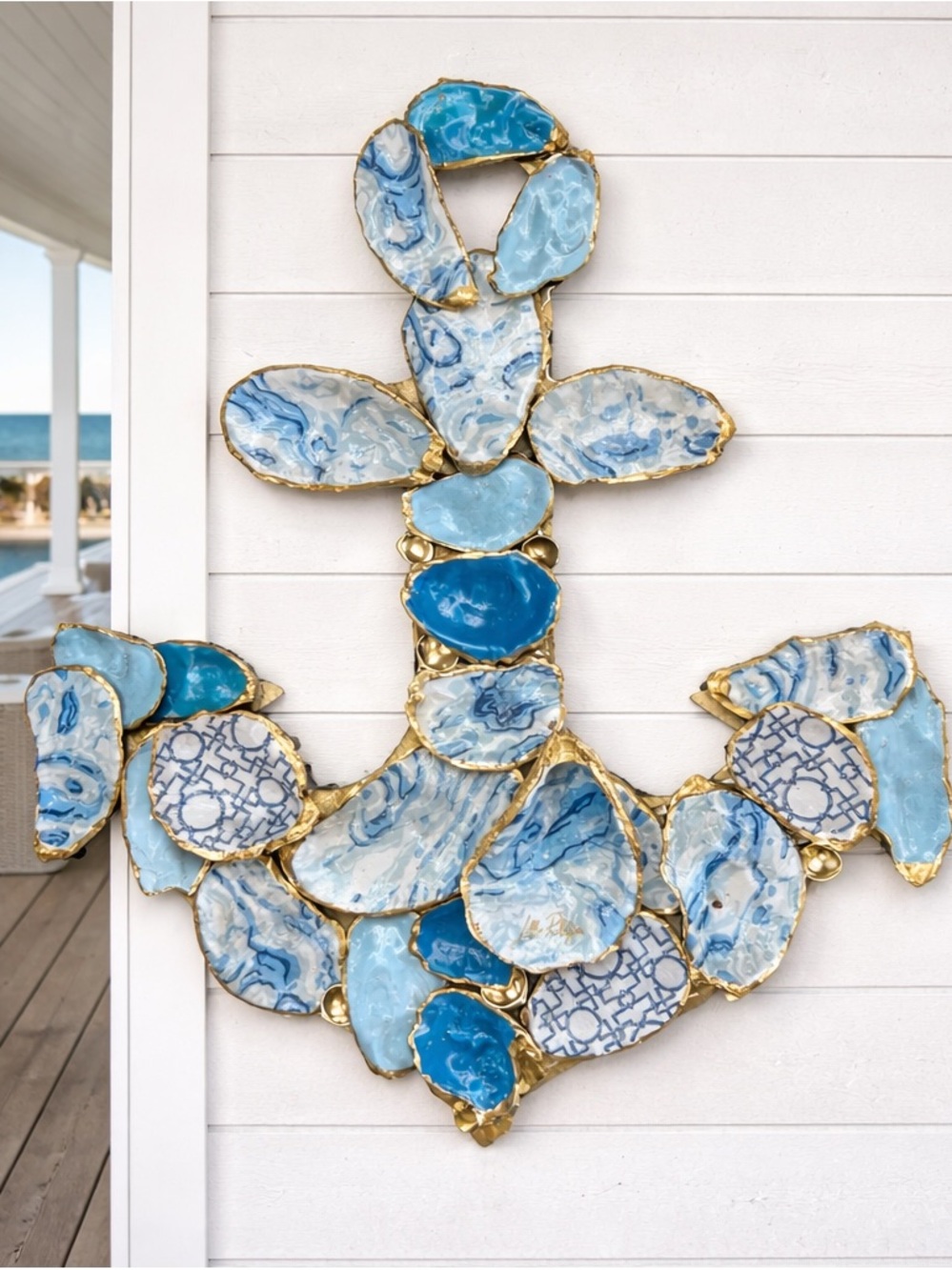 Blue and Gold Anchor oyster shell wall hanging